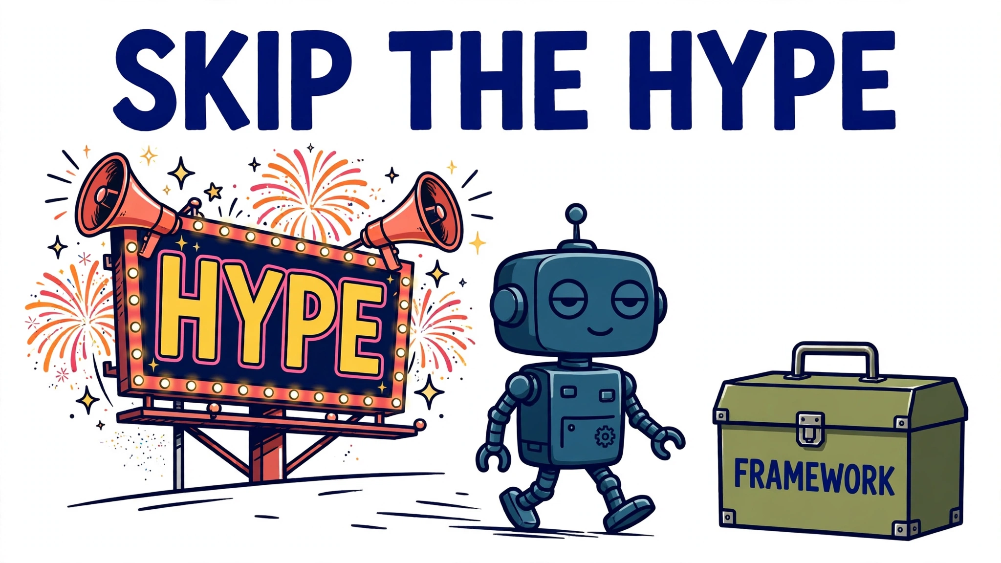 Calm robot walking past a flashing HYPE billboard toward a sturdy FRAMEWORK toolbox — SKIP THE HYPE