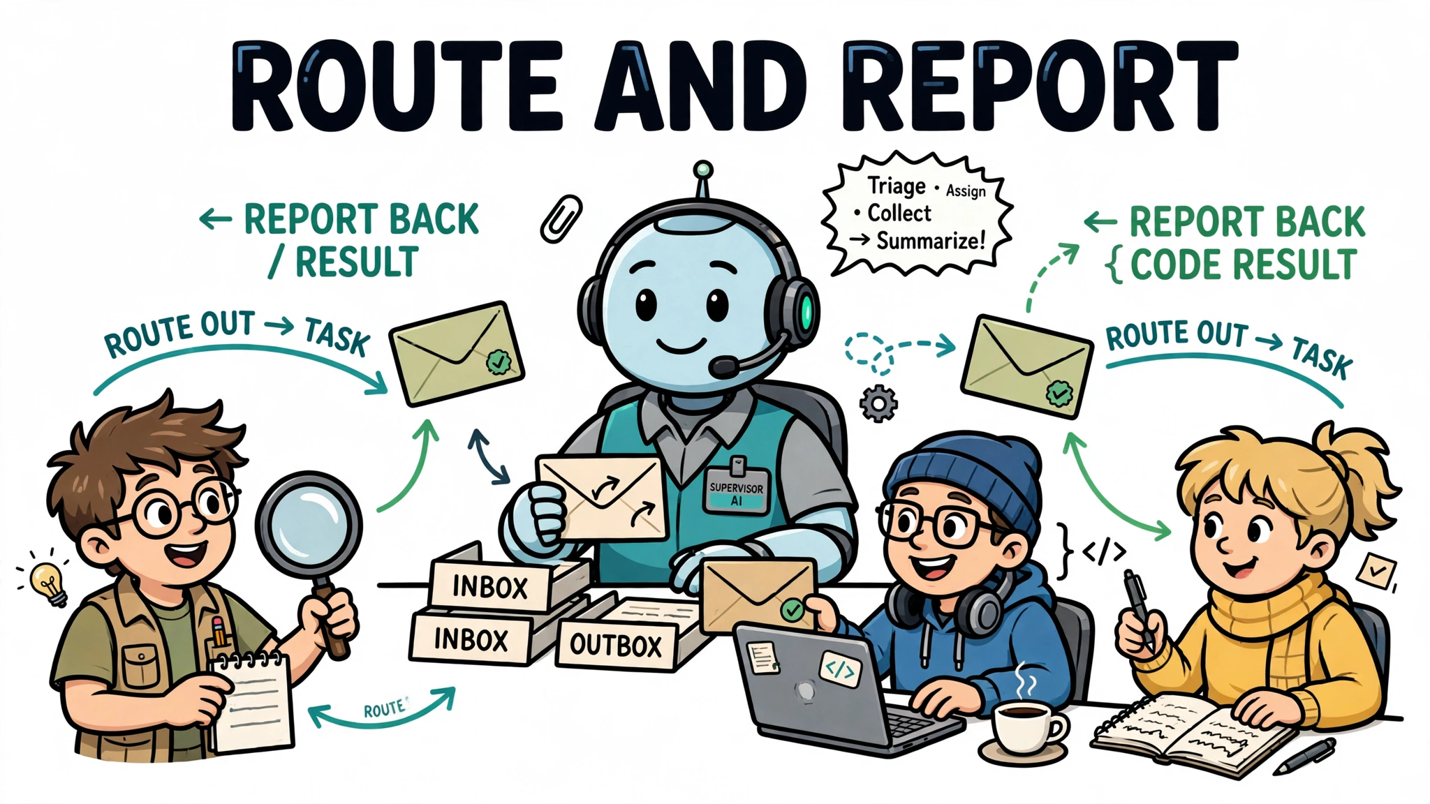 Cartoon supervisor AI routing task envelopes to three specialist agents who report results back, headlined ROUTE AND REPORT