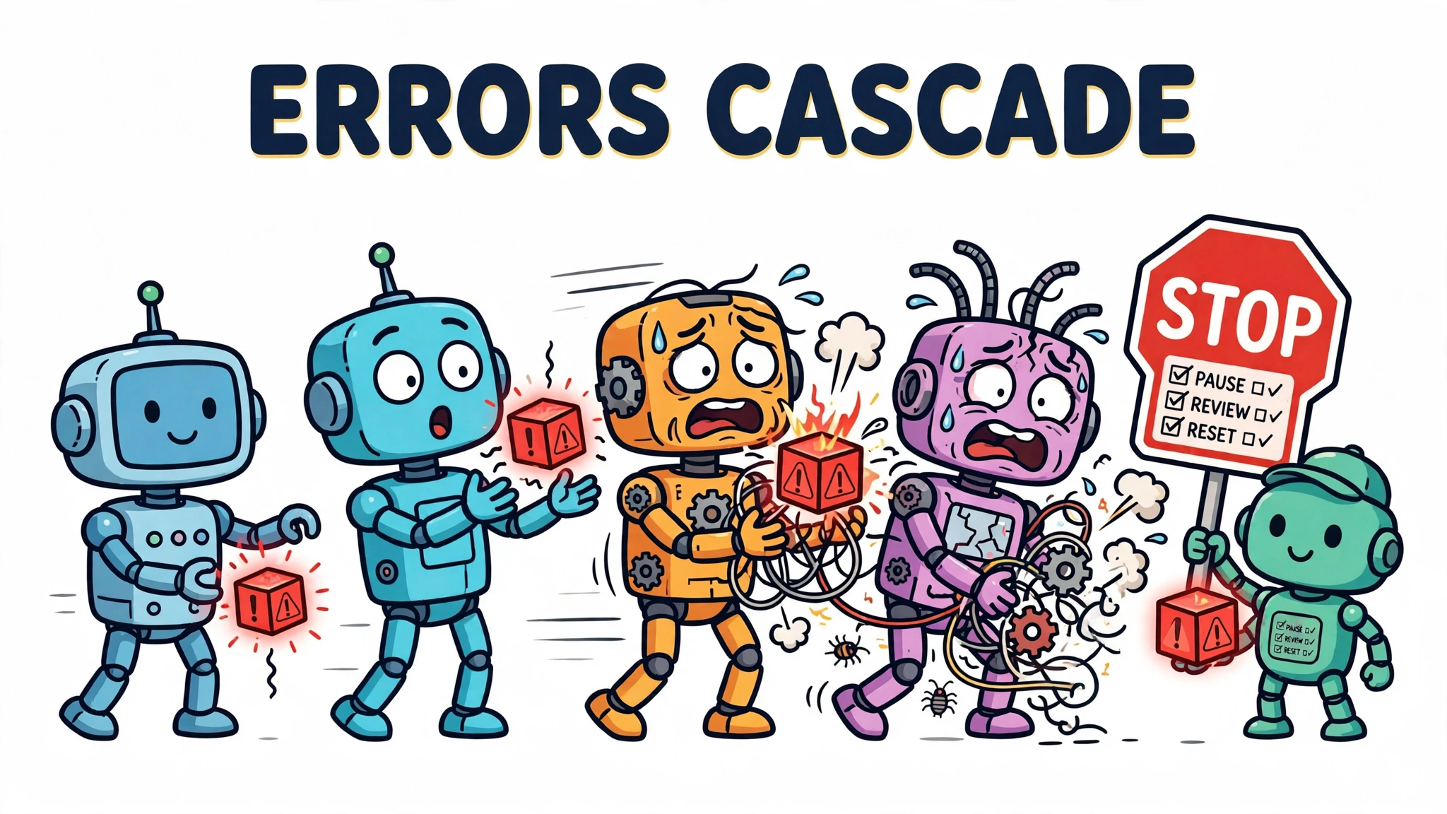 Cartoon AI robots toppling like dominoes as a red error cube cascades between them, stopped by a STOP sign with a review checklist, headlined ERRORS CASCADE