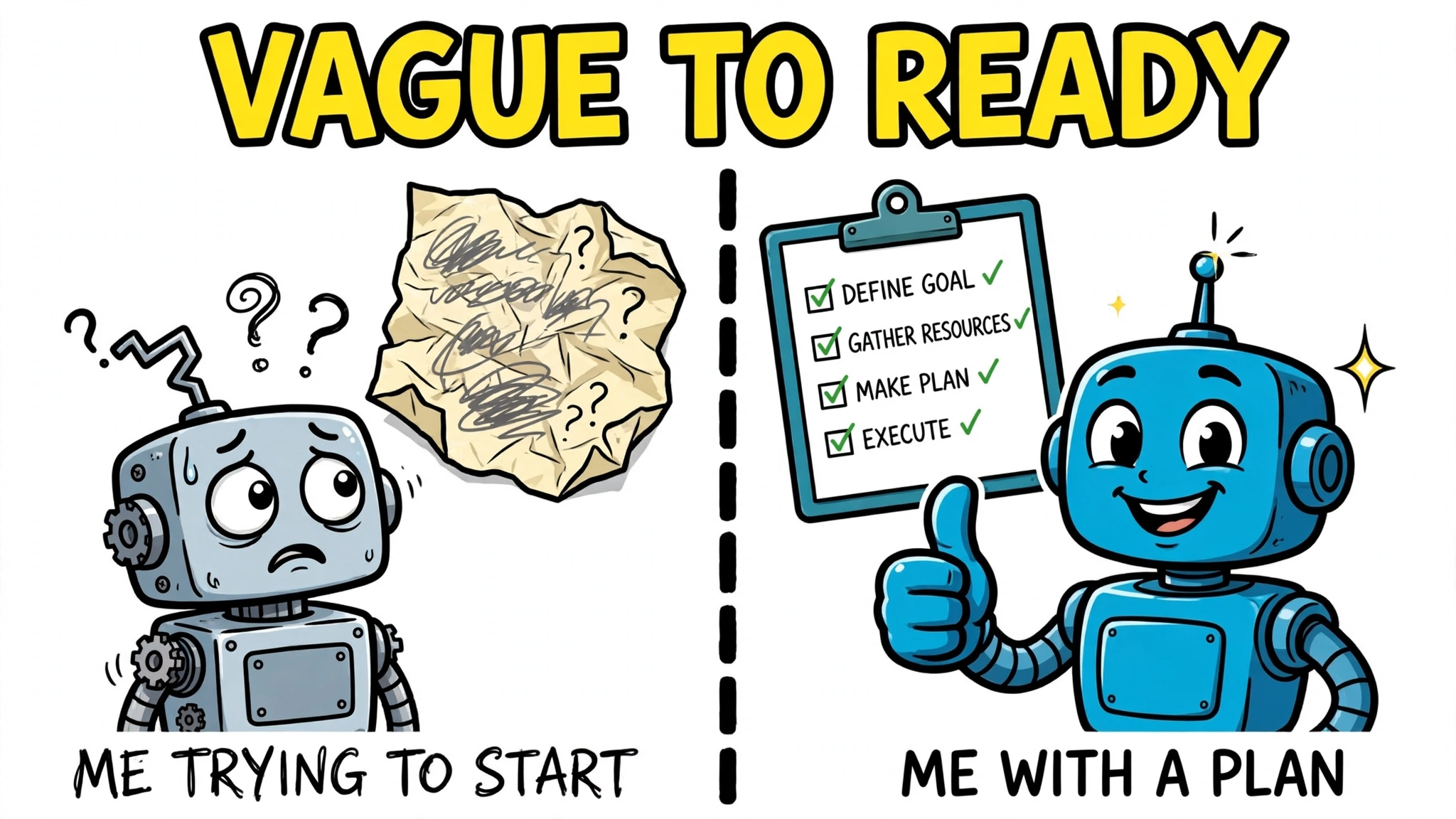 Cartoon before-and-after: vague note versus tidy agent checklist