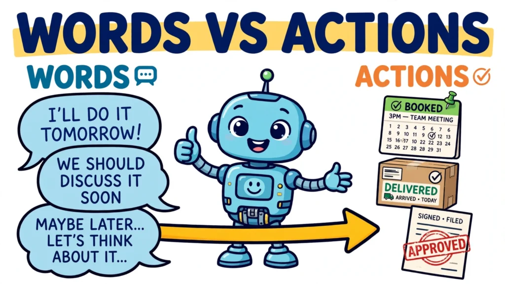 Cartoon robot agent between speech bubbles and completed actions: booked calendar, delivered package, approved document — words versus actions