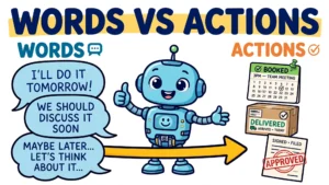Cartoon robot agent between speech bubbles and completed actions: booked calendar, delivered package, approved document — words versus actions