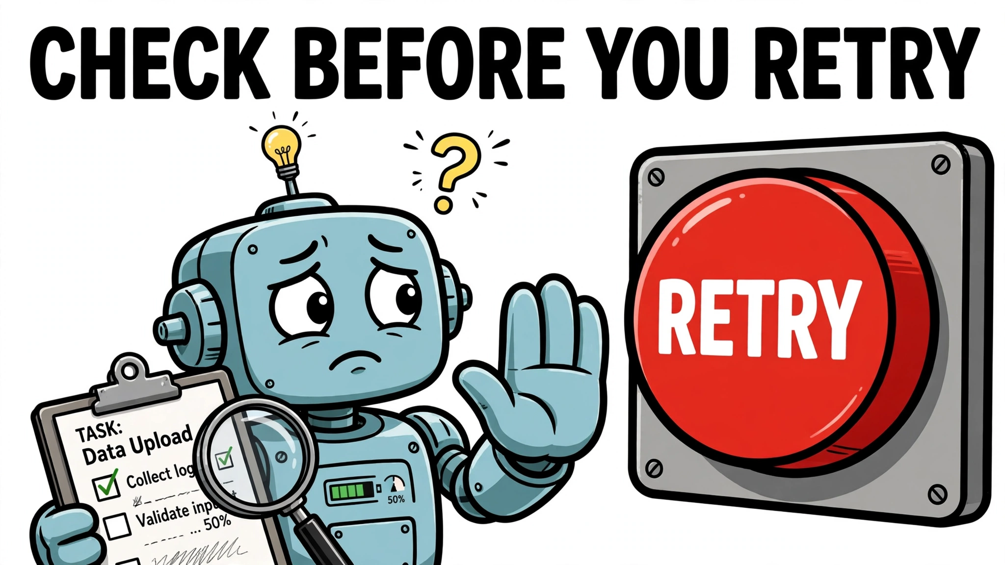 Cautious cartoon robot with a checklist and magnifying glass pausing before a red retry button