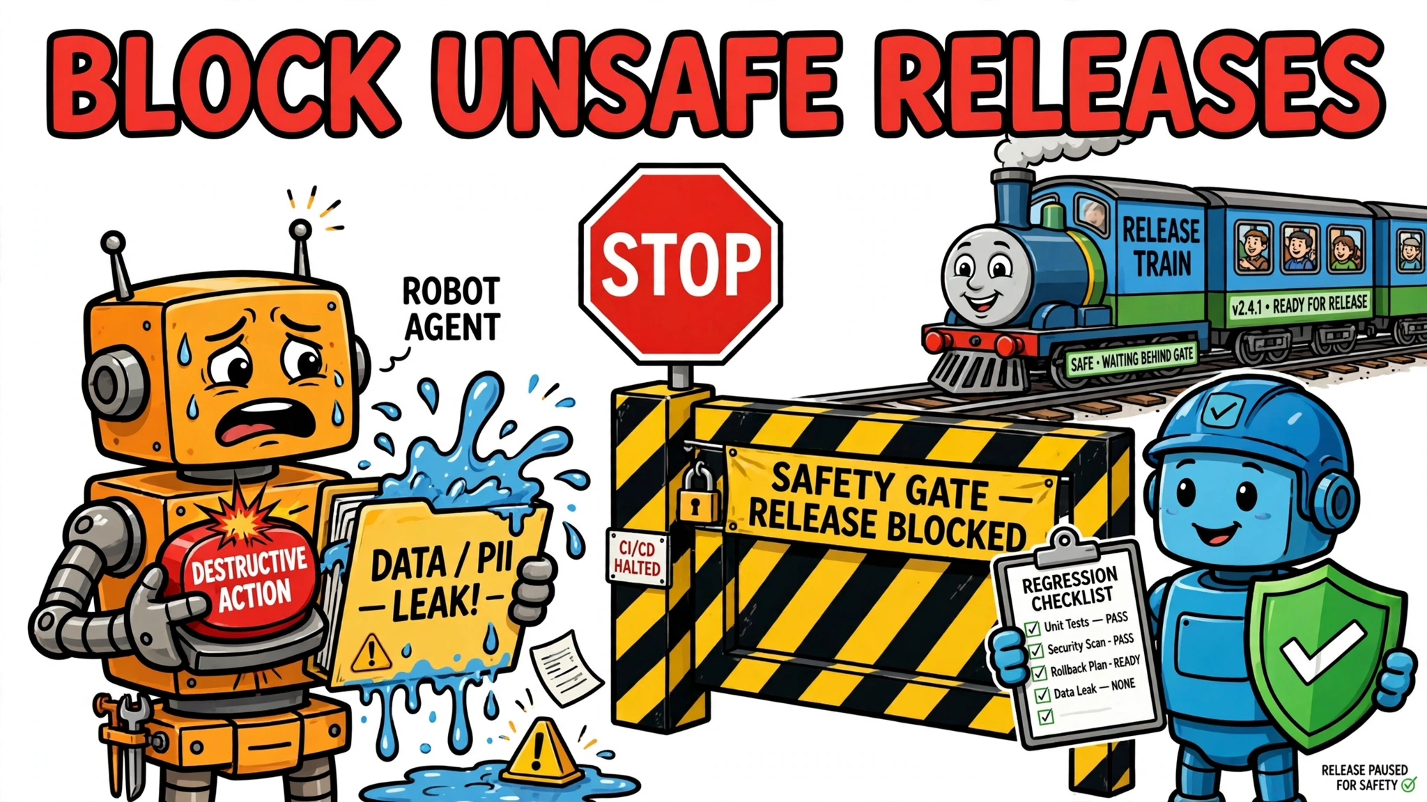 Cartoon safety gate blocking a robot with destructive action and data leak, while a release train waits and a regression checklist passes.