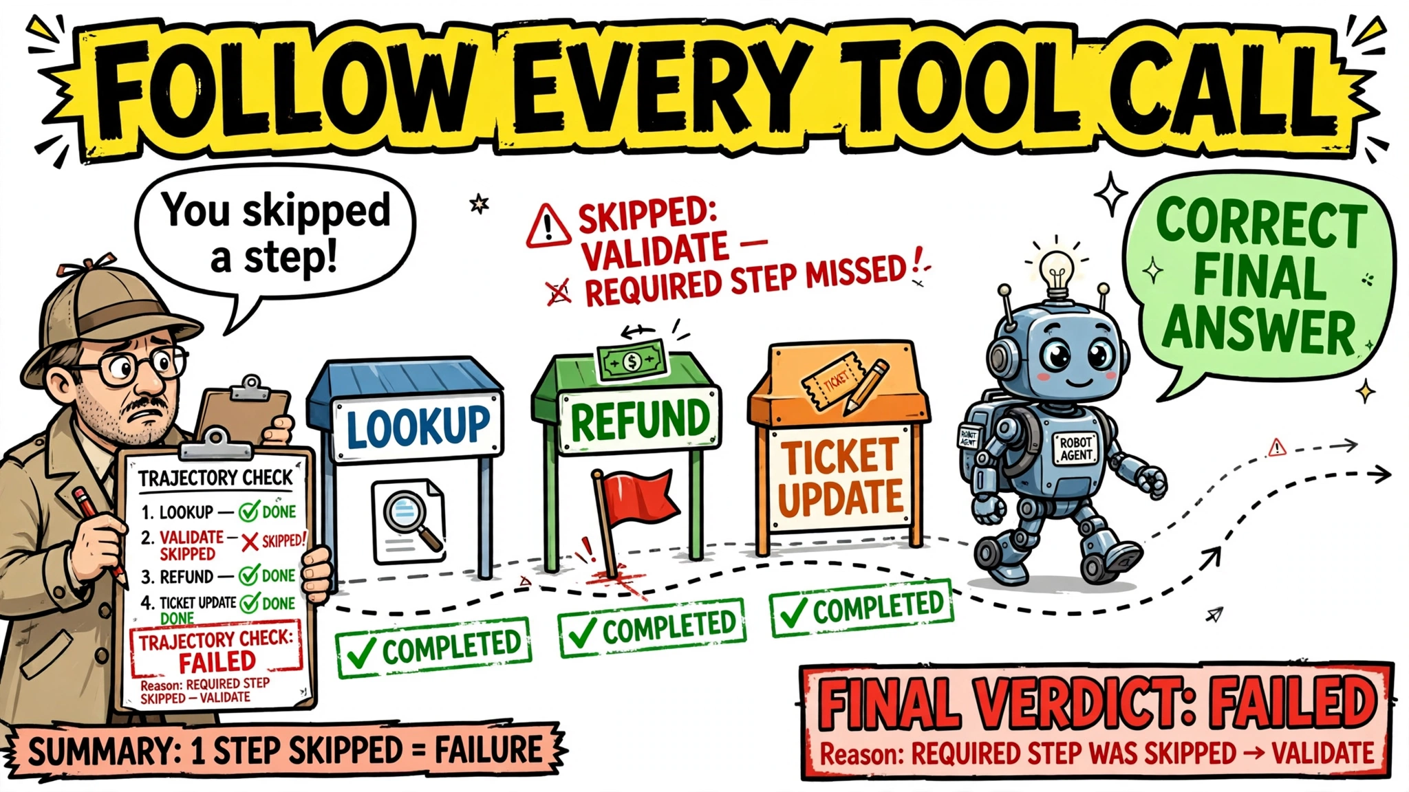 Cartoon detective checking a four-step agent trajectory, flagging a skipped VALIDATE step, with overall verdict FAILED.