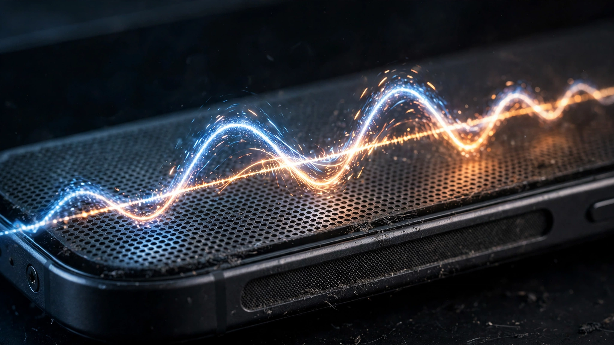 Macro shot of a smartphone speaker grille with a glowing audio waveform light-trail, blue and amber cinematic lighting
