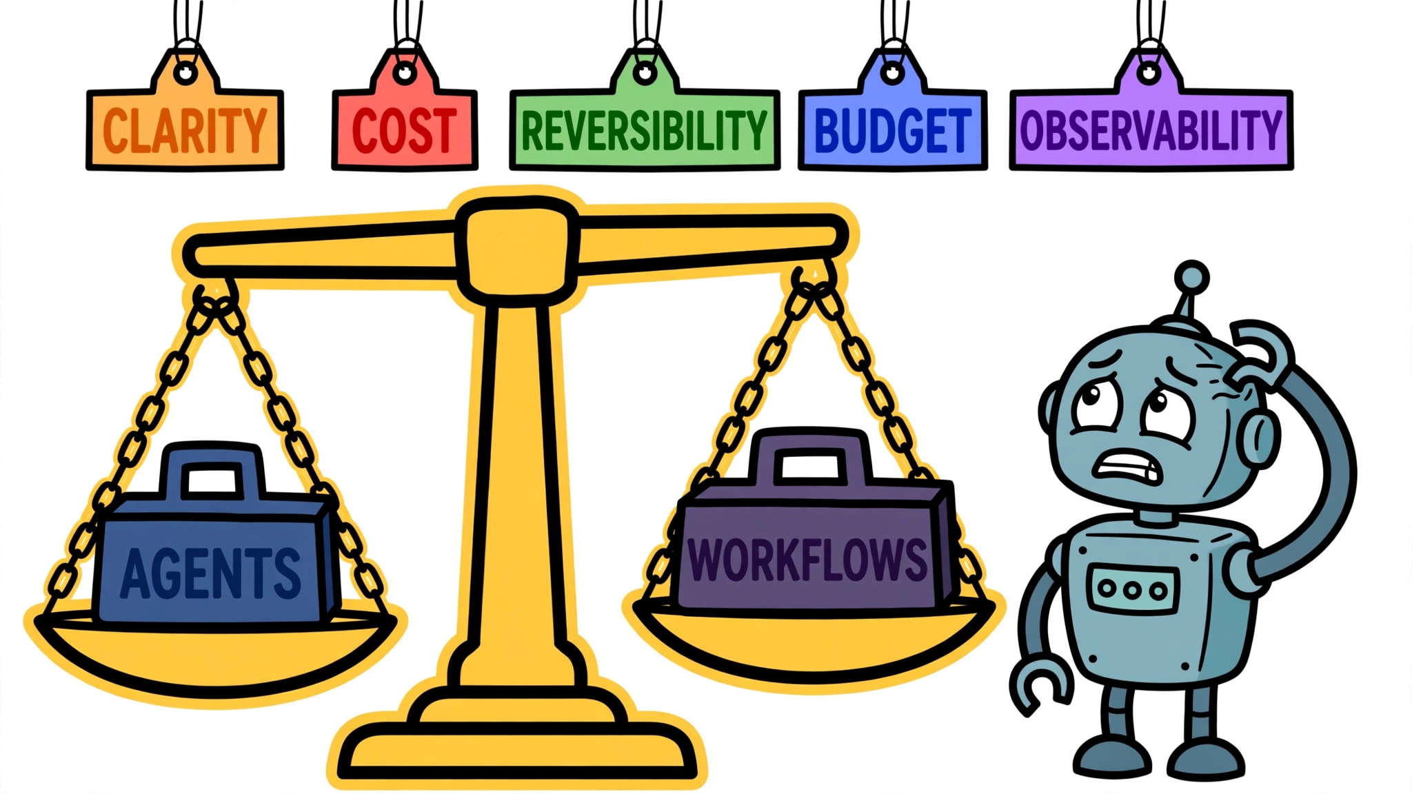 Cartoon robot weighing Agents against Workflows on a balance scale with the five decision factors
