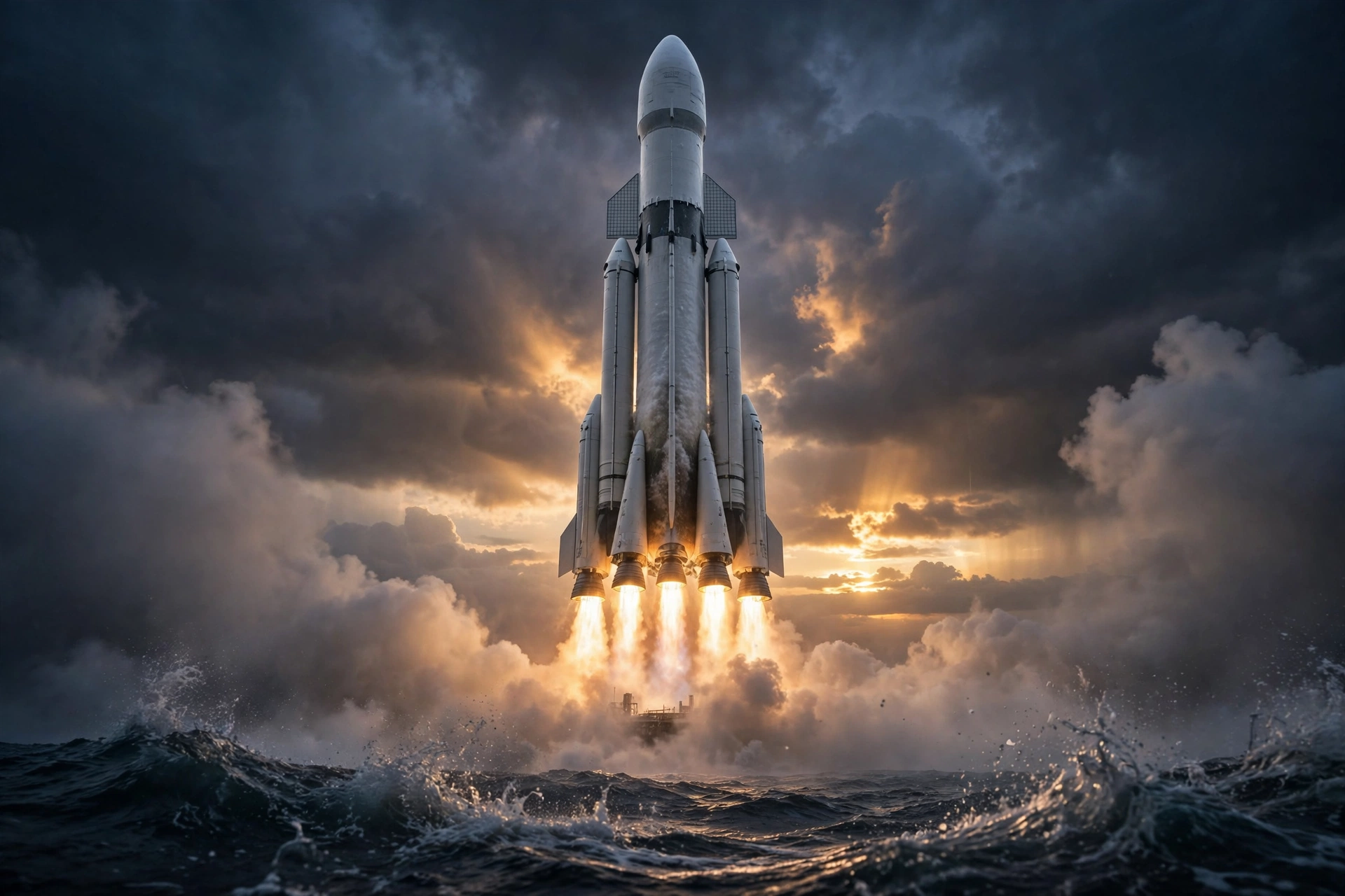 Cinematic rocket launch at dusk over the ocean