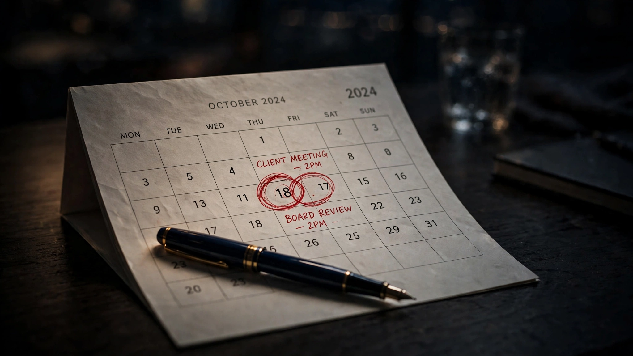 Desk calendar with two overlapping red-circled appointment entries colliding on the same date, fountain pen dropped across the page