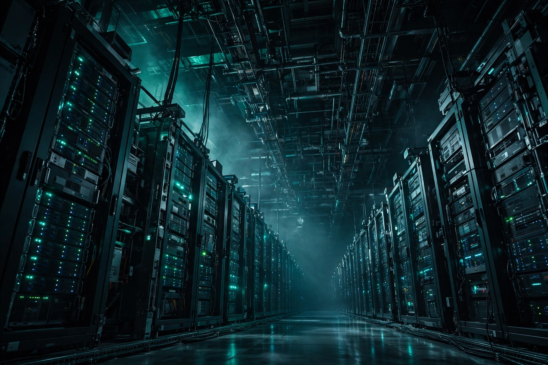 Vast data center hall at night under teal-green light