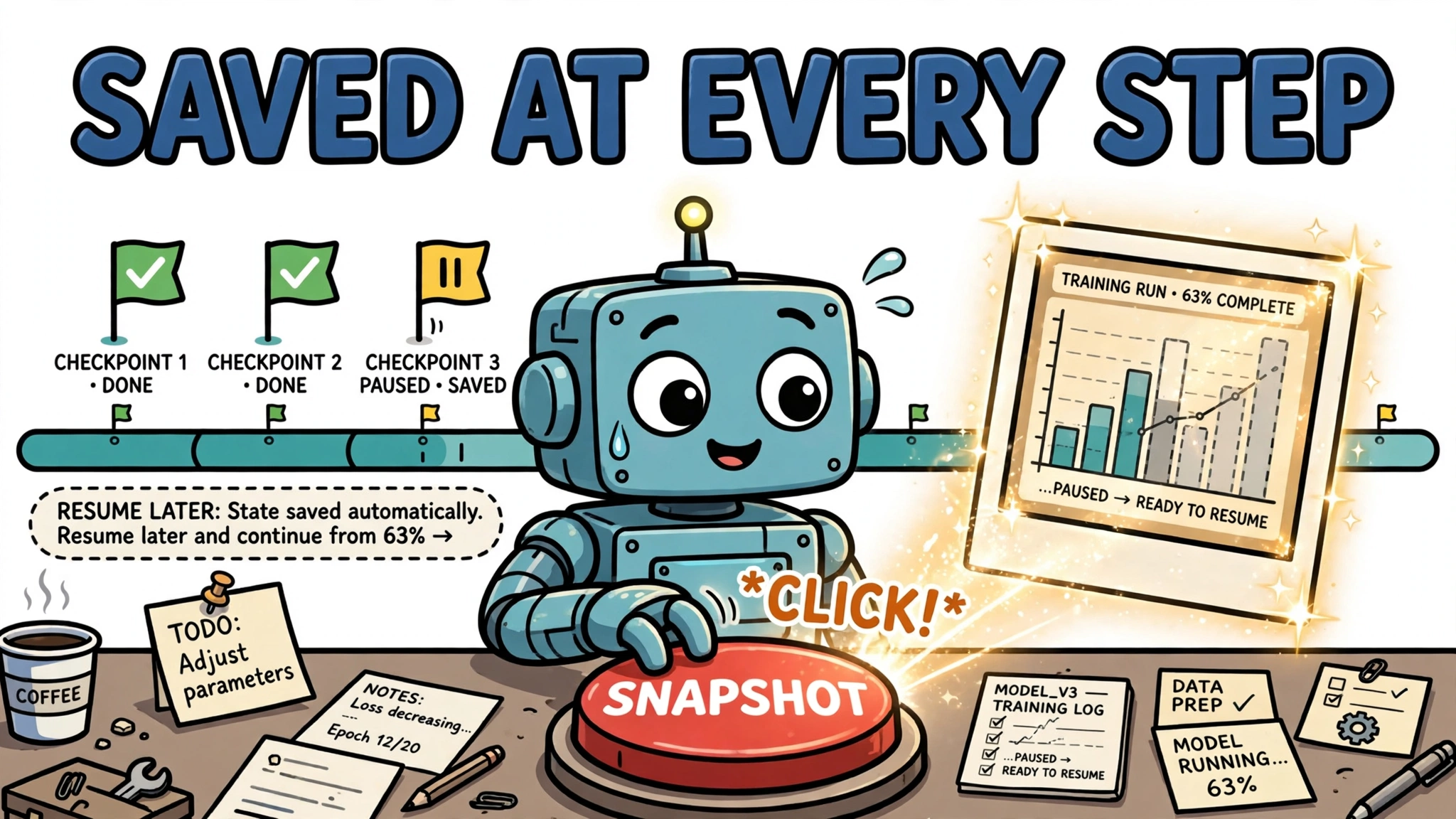 A cartoon robot pressing a big red snapshot button while a progress bar shows checkpoint flags