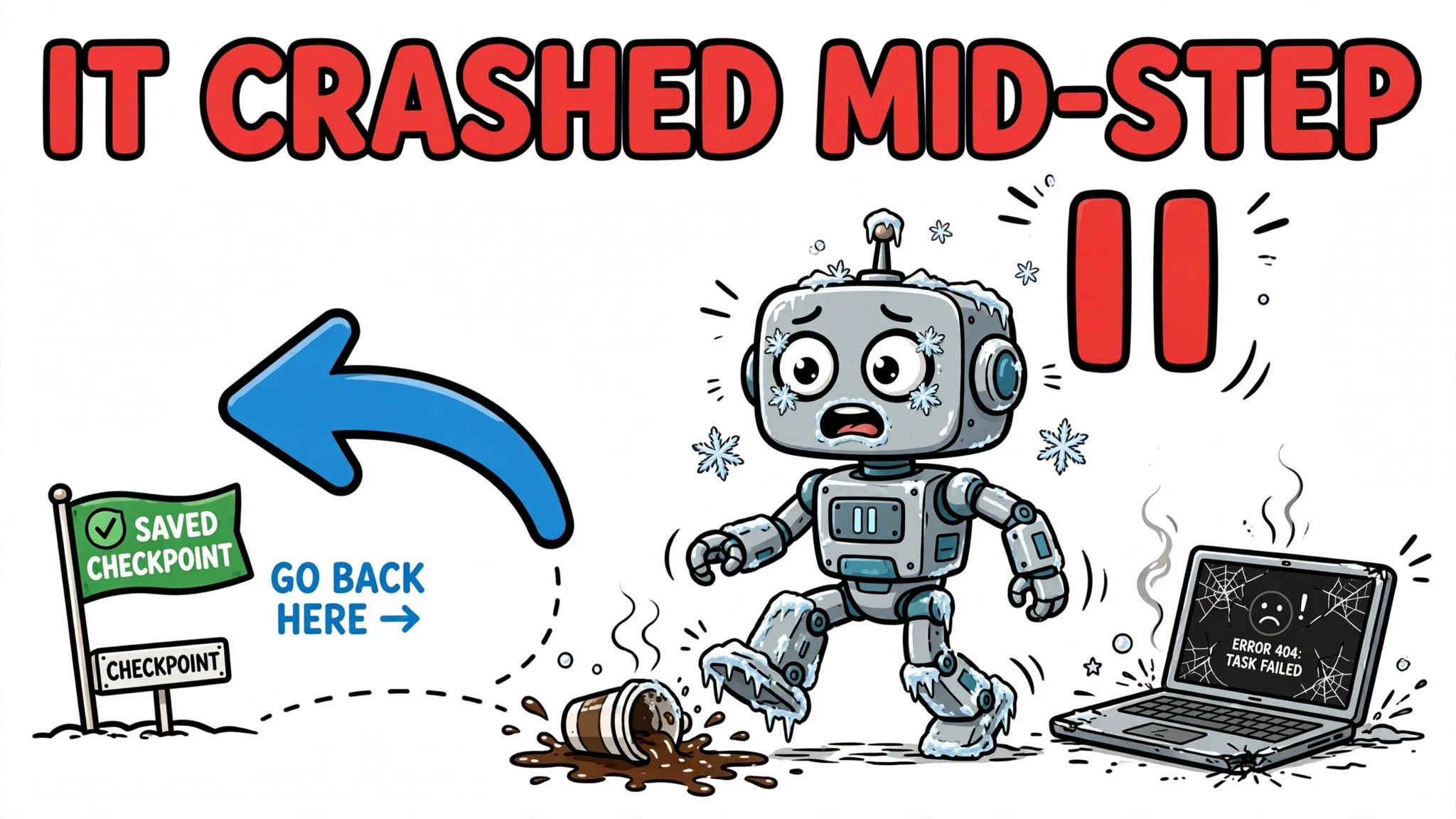 A frozen cartoon robot beside a crashed laptop with an arrow pointing back to a saved checkpoint flag