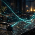 Cinematic noir photograph: a vintage restaurant phone receiver lying off-hook on a dark marble counter at night, glowing teal light trails rising from it toward a softly blurred robotic host terminal at the far end — one AI agent's call reaching another machine.