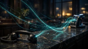 Cinematic noir photograph: a vintage restaurant phone receiver lying off-hook on a dark marble counter at night, glowing teal light trails rising from it toward a softly blurred robotic host terminal at the far end — one AI agent's call reaching another machine.
