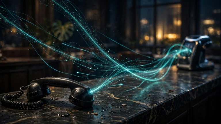 Cinematic noir photograph: a vintage restaurant phone receiver lying off-hook on a dark marble counter at night, glowing teal light trails rising from it toward a softly blurred robotic host terminal at the far end — one AI agent's call reaching another machine.