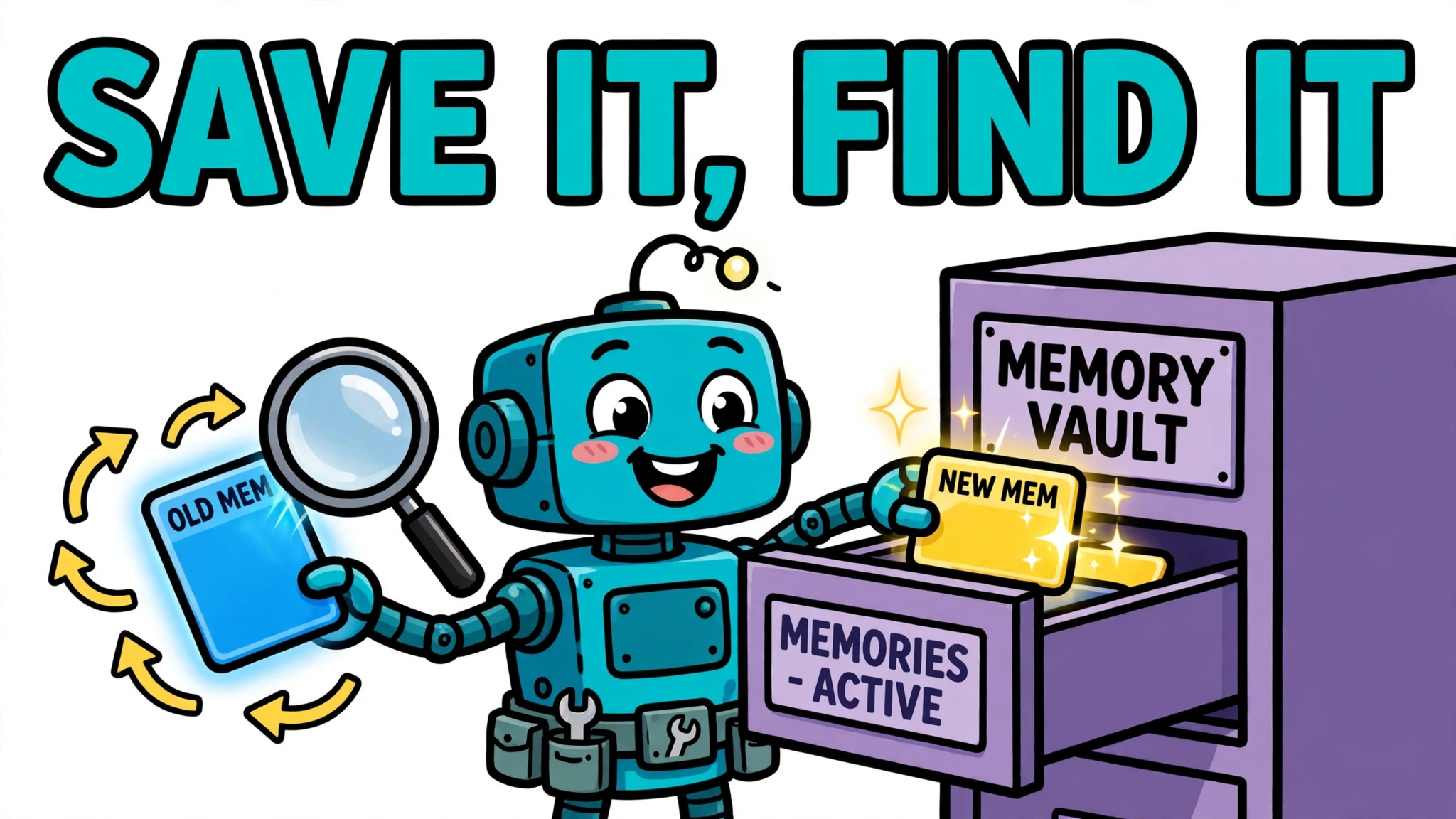 Cartoon robot filing a new memory card and retrieving an old one from a memory vault