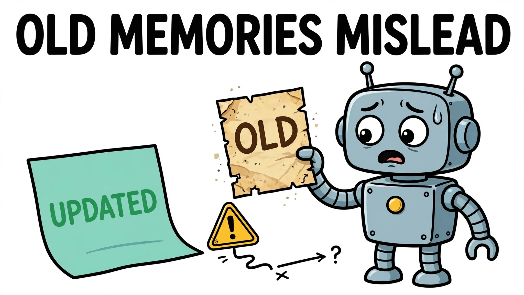 Worried cartoon robot holding a yellowed old note while a fresh updated note sits ignored