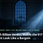 A dark courtroom with a single chair at the defendant's table lit by a shaft of light, the scales of justice silhouetted in the background