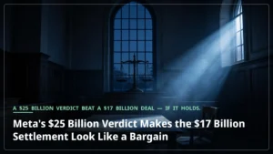 A dark courtroom with a single chair at the defendant's table lit by a shaft of light, the scales of justice silhouetted in the background