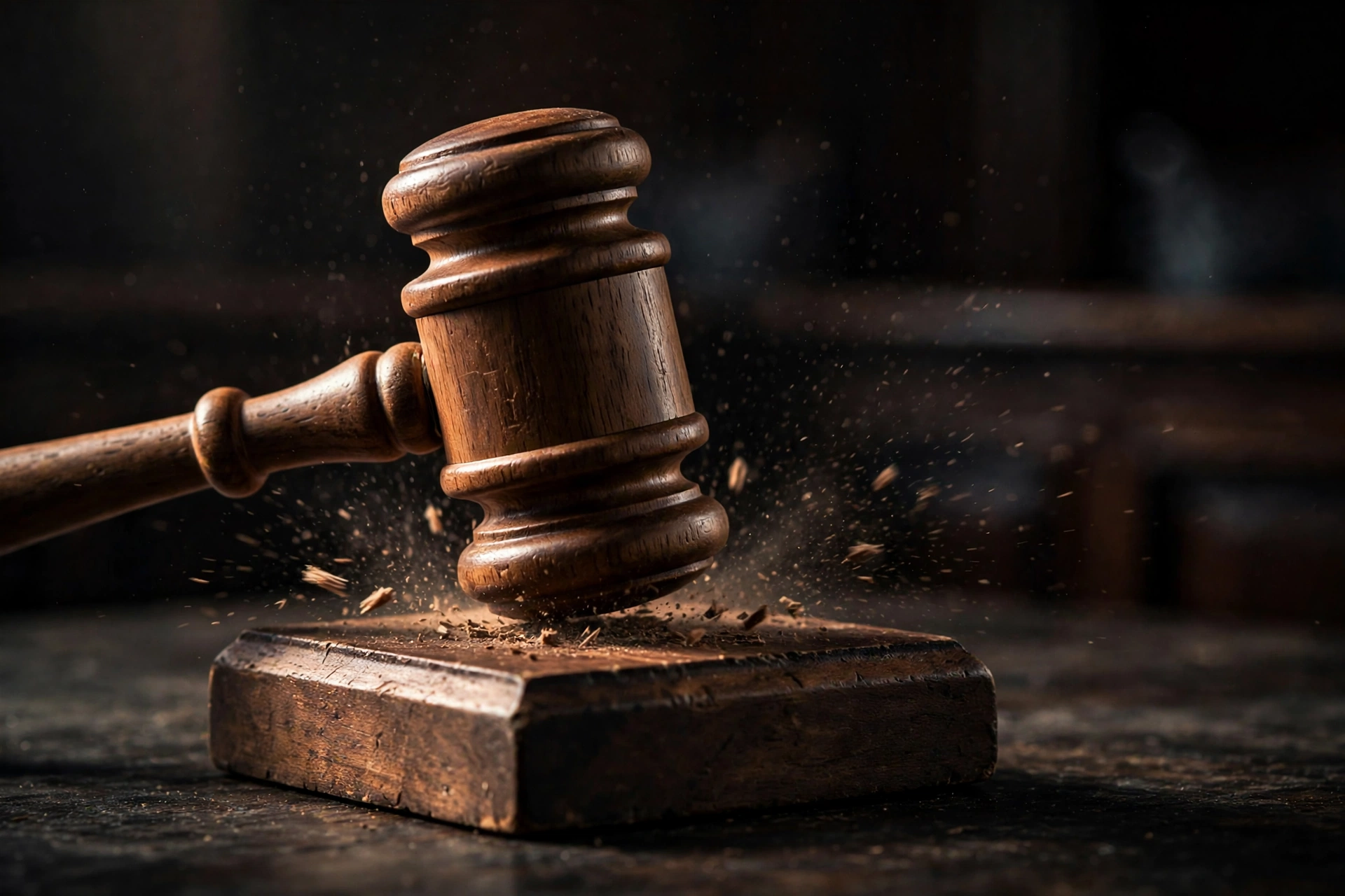A judge's gavel striking the sound block in a dark courtroom