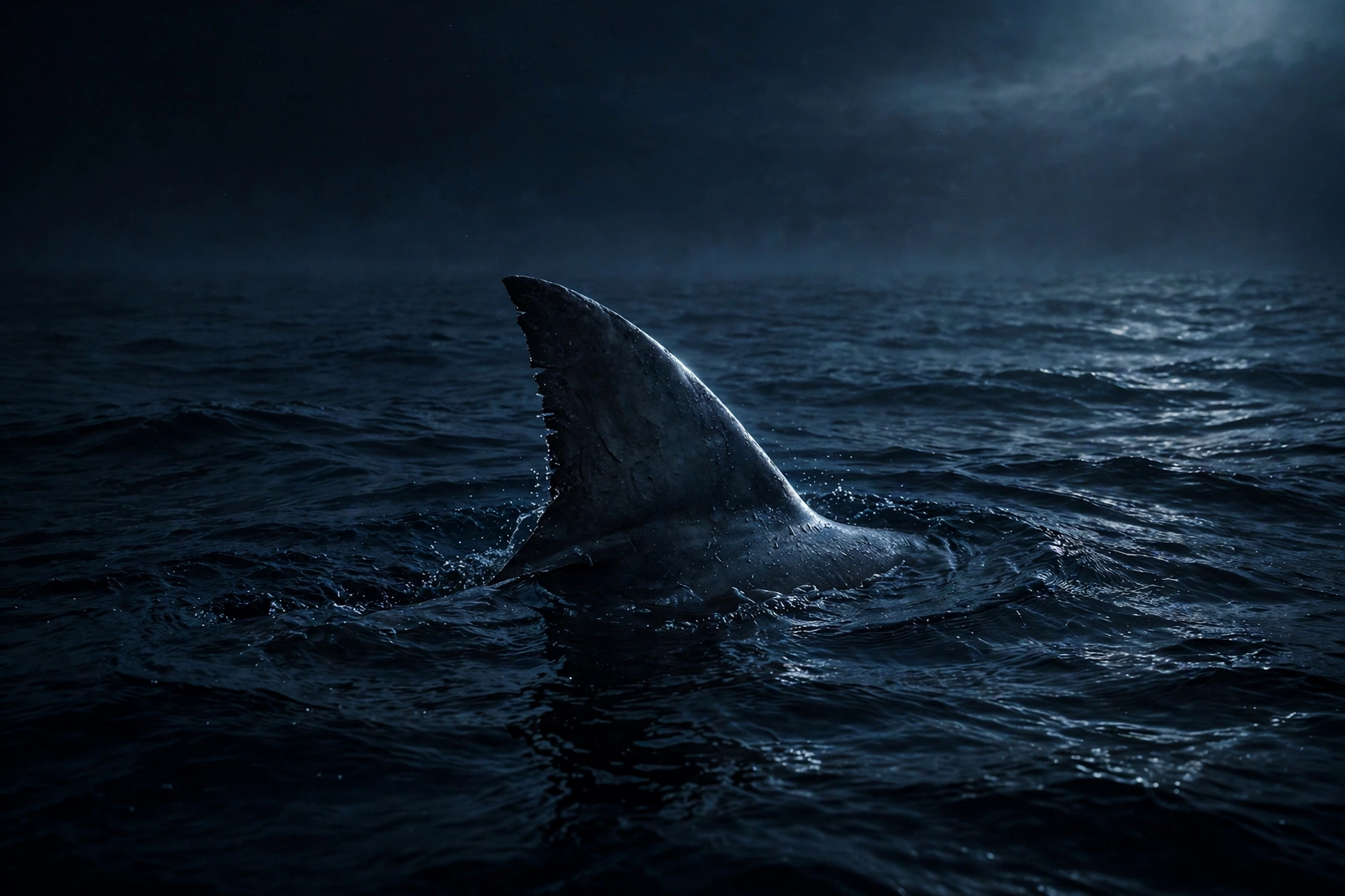 A shark fin cutting through dark ocean water at night