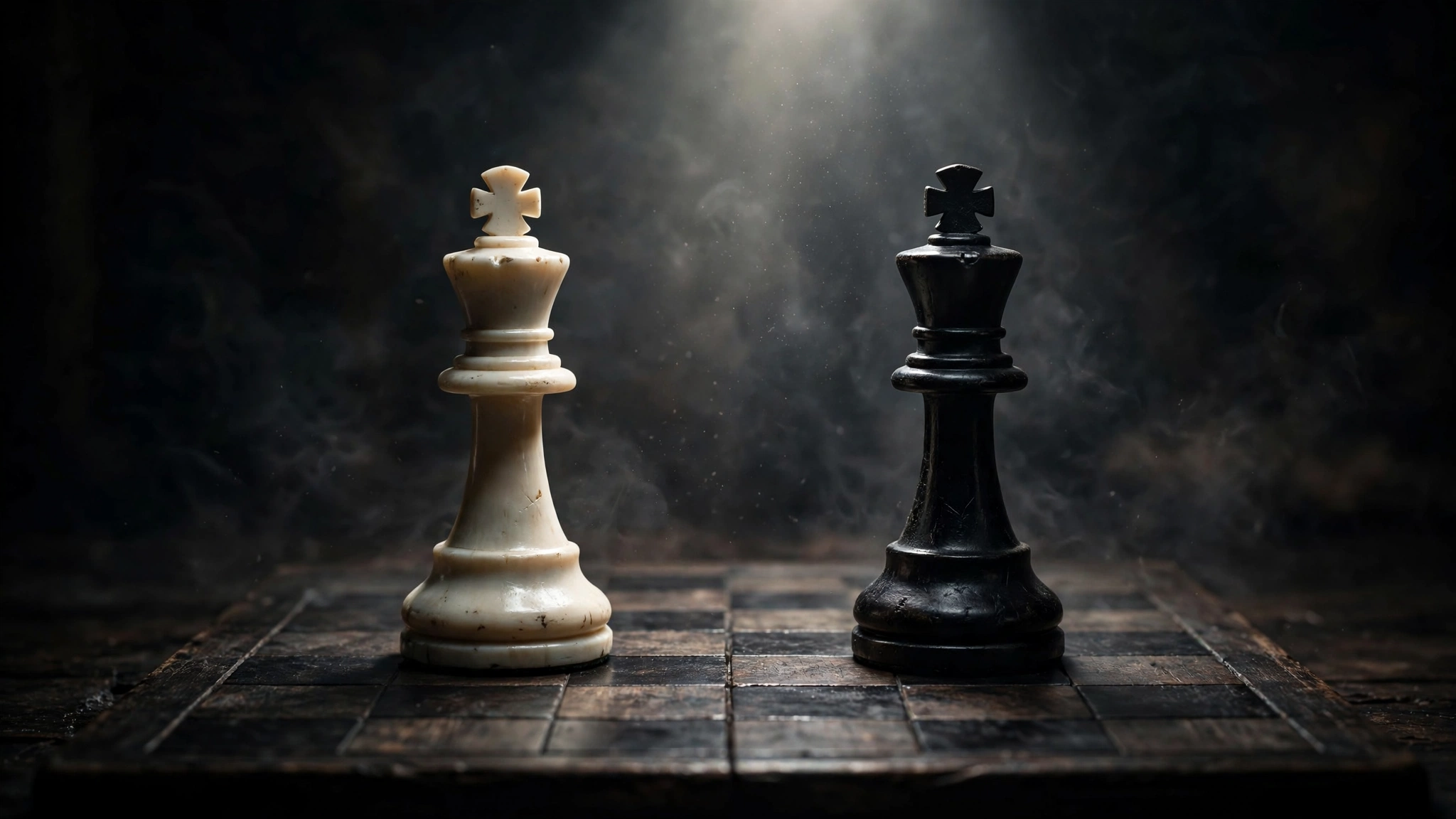 Two chess kings facing off under a spotlight on a dark board