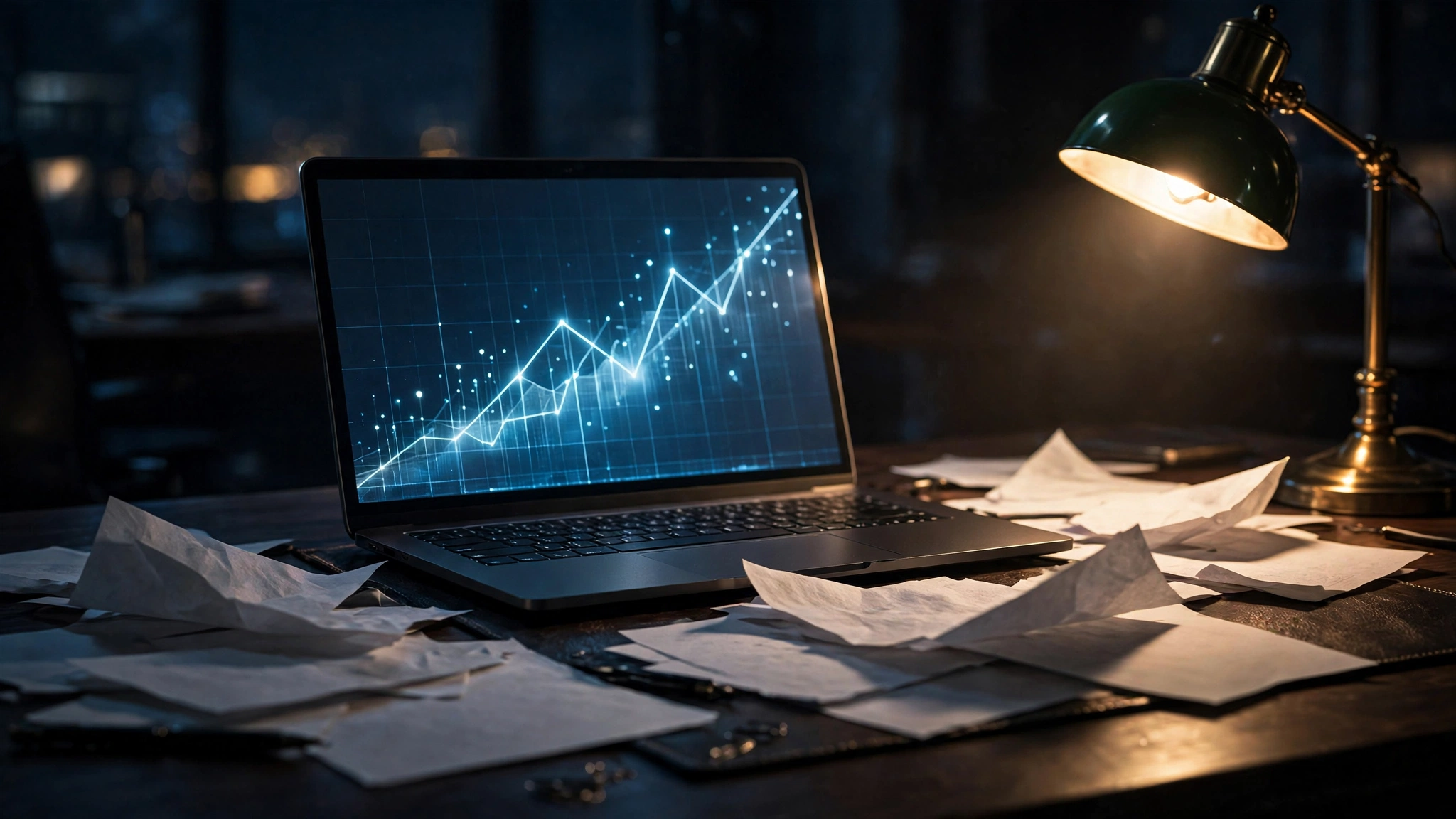 Financial documents and a glowing chart on a dark desk at night