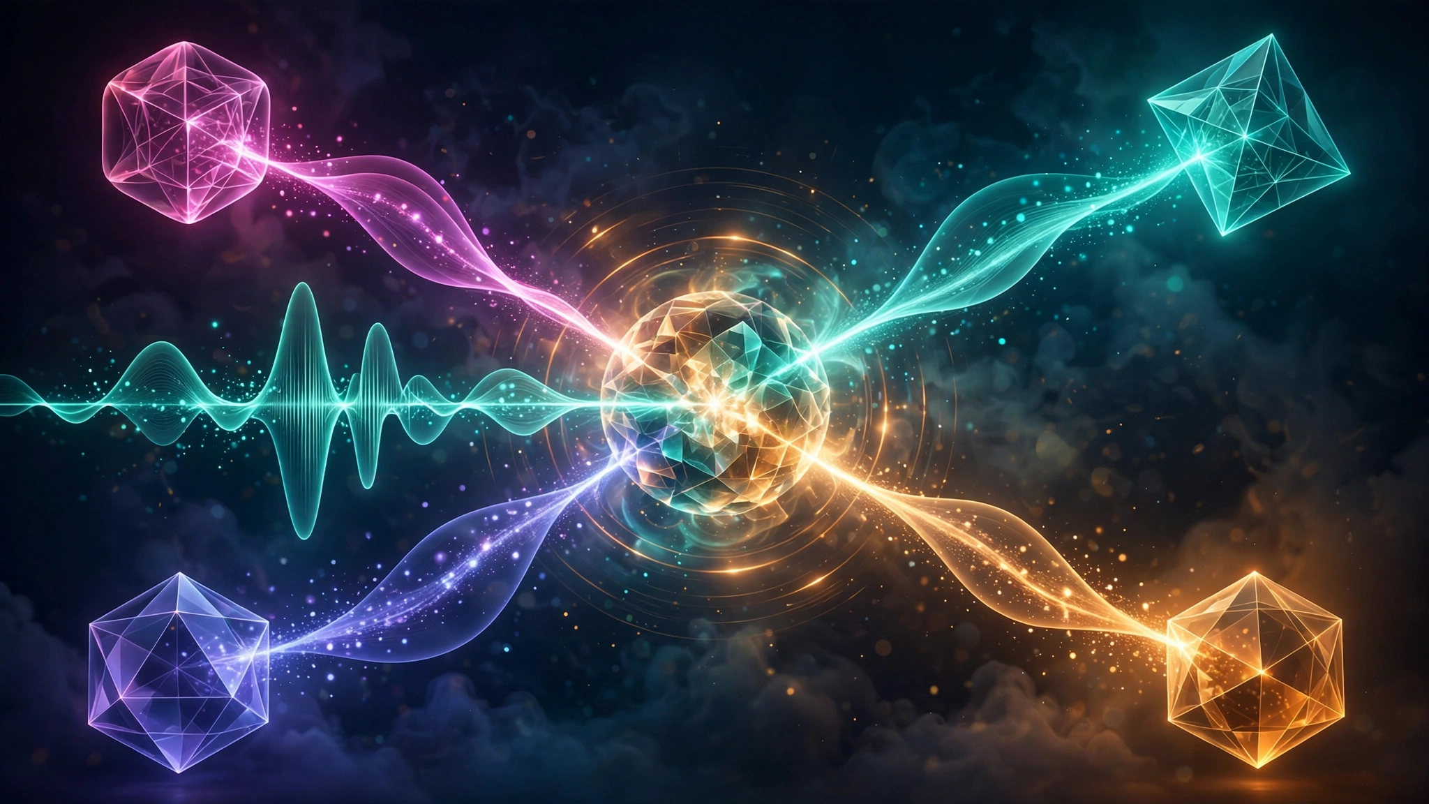 One glowing core splitting a single audio waveform into four colored streams