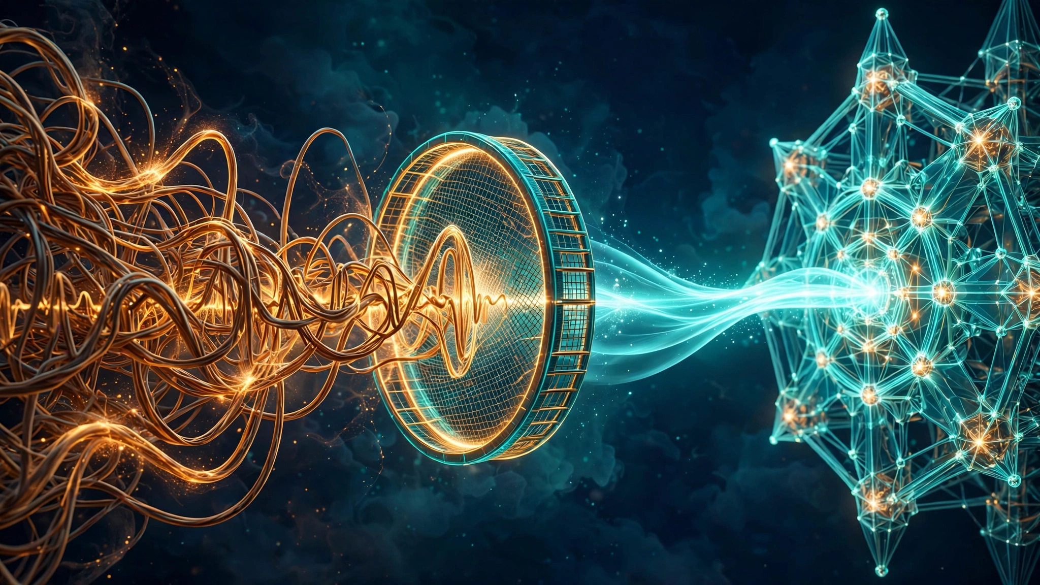 Tangled raw audio waveforms filtered through a glowing sieve into a clean stream