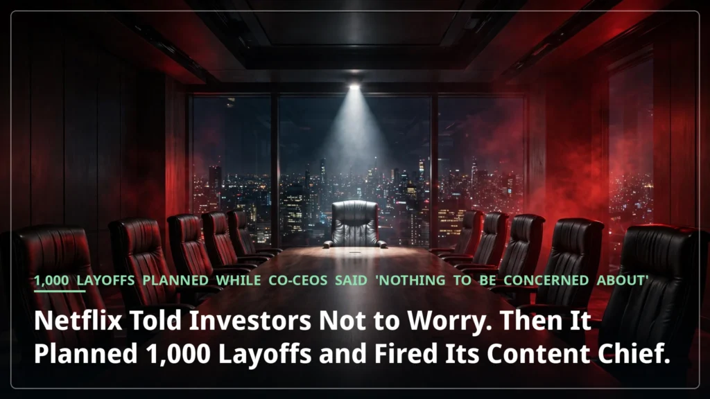 A dark red-lit boardroom at night with a single spotlight on the empty chair at the head of the table — Netflix's leadership reset after planned layoffs and executive ousters.