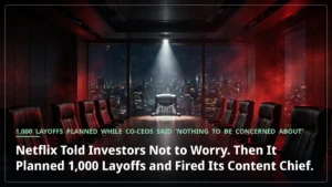 A dark red-lit boardroom at night with a single spotlight on the empty chair at the head of the table — Netflix's leadership reset after planned layoffs and executive ousters.