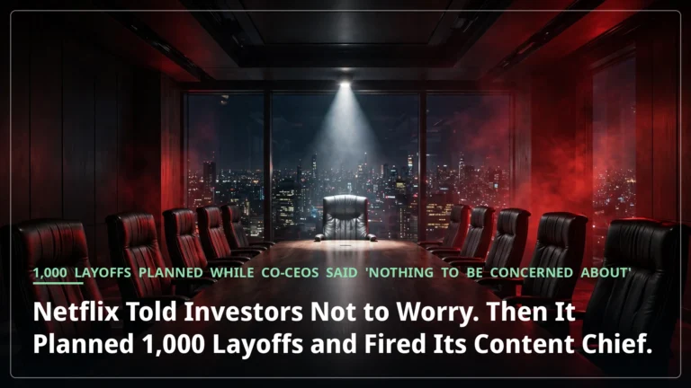 A dark red-lit boardroom at night with a single spotlight on the empty chair at the head of the table — Netflix's leadership reset after planned layoffs and executive ousters.