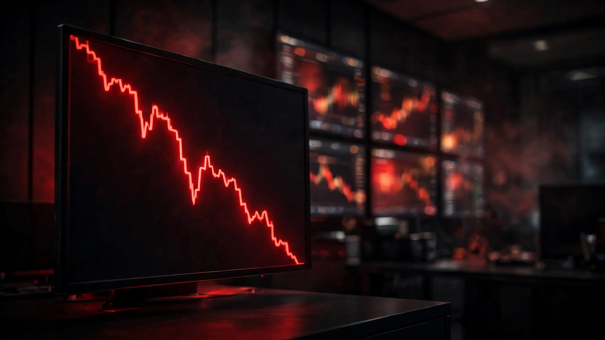 A glowing monitor wall showing a plunging red stock chart in a dark corporate office.