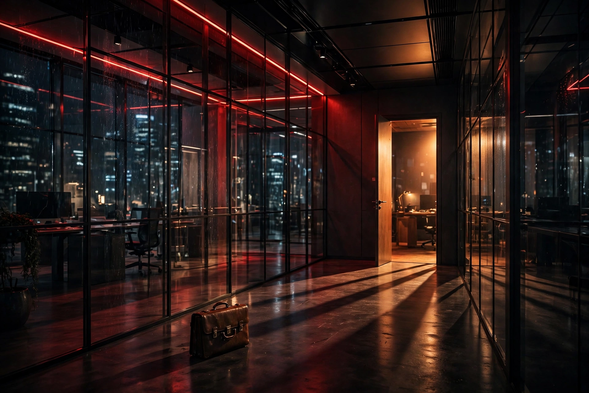 An empty executive office corridor at night, one door open with light spilling out, a briefcase left behind.