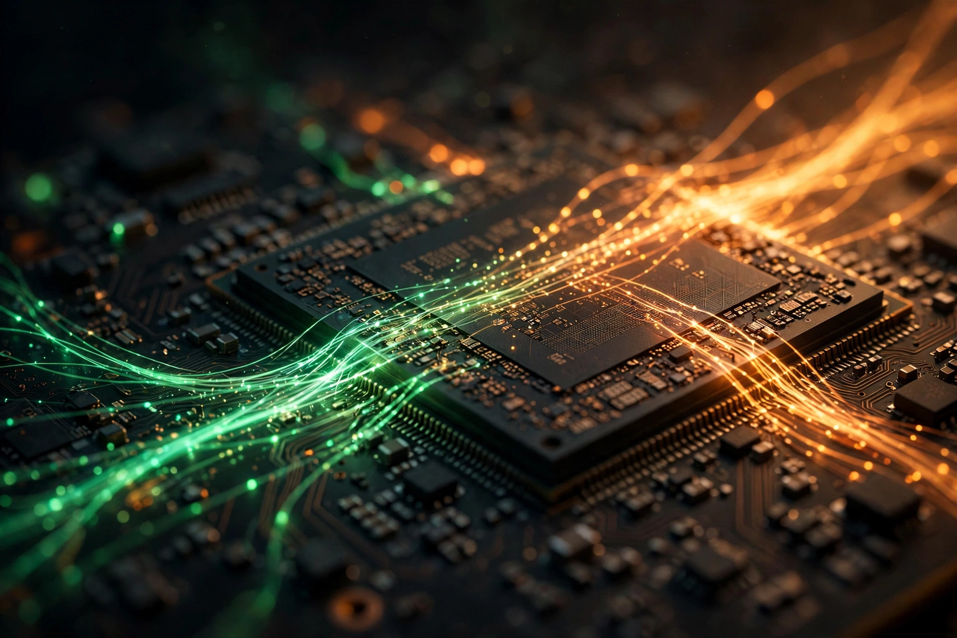 Streams of glowing light flowing across a GPU chip on a dark circuit board