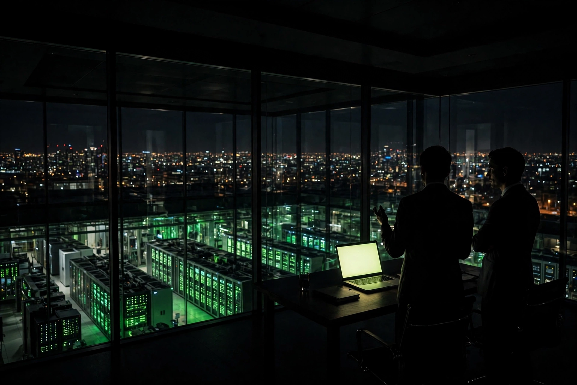 Two silhouetted figures in discussion in a dark conference room overlooking a server floor