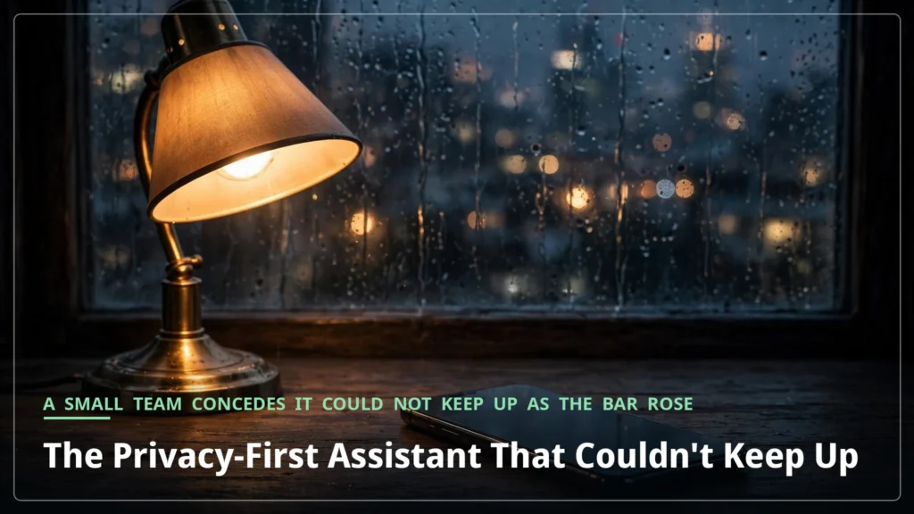 A smartphone with a dark screen on a desk beside a lamp at dusk