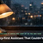 A smartphone with a dark screen on a desk beside a lamp at dusk