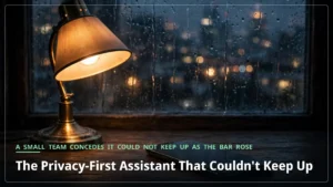 A smartphone with a dark screen on a desk beside a lamp at dusk