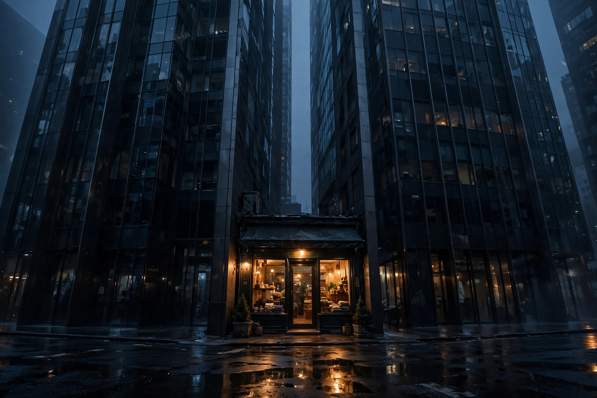 A small lit shopfront dwarfed by dark skyscrapers