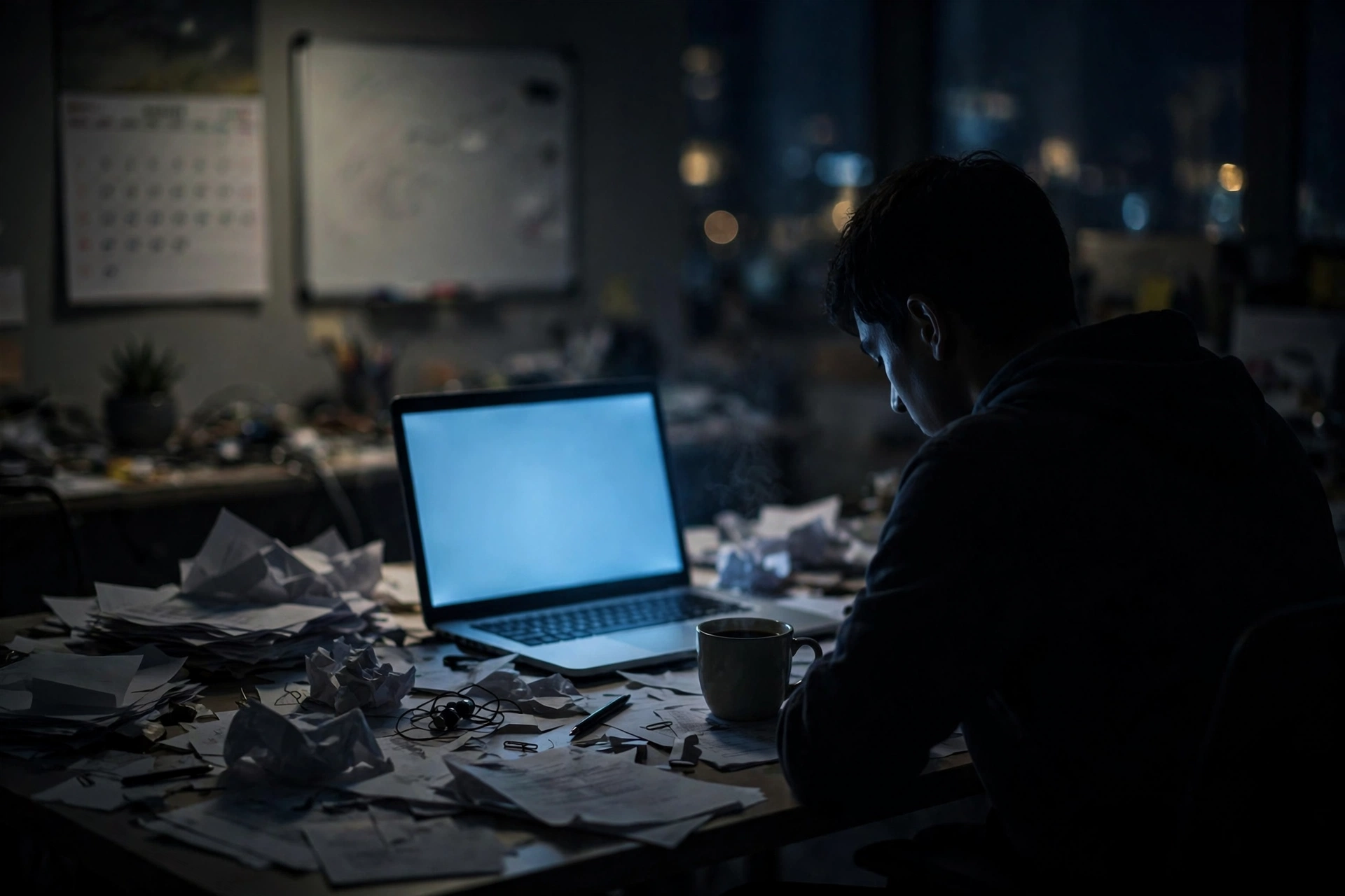 A founder working alone at a cluttered desk late at night