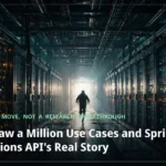 A lone engineer sprints down a dark data hall toward a bright doorway, evoking OpenAI's sprint to ship the Decisions API.