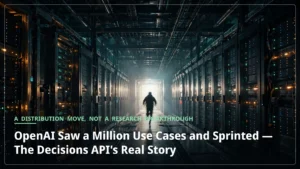 A lone engineer sprints down a dark data hall toward a bright doorway, evoking OpenAI's sprint to ship the Decisions API.