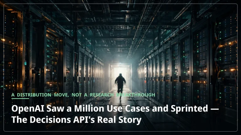 A lone engineer sprints down a dark data hall toward a bright doorway, evoking OpenAI's sprint to ship the Decisions API.