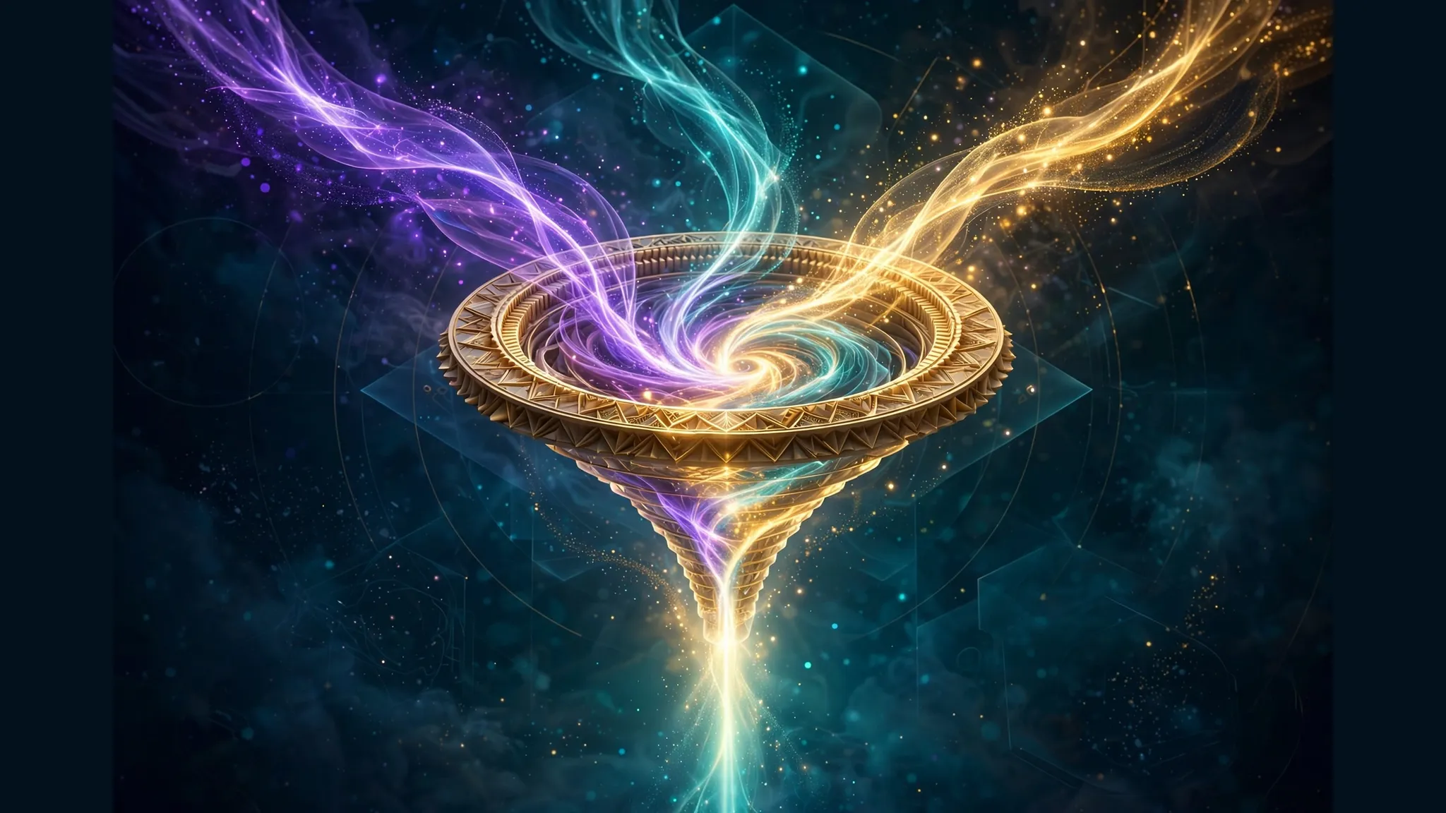 Three streams of light converging through a single gateway into one unified beam