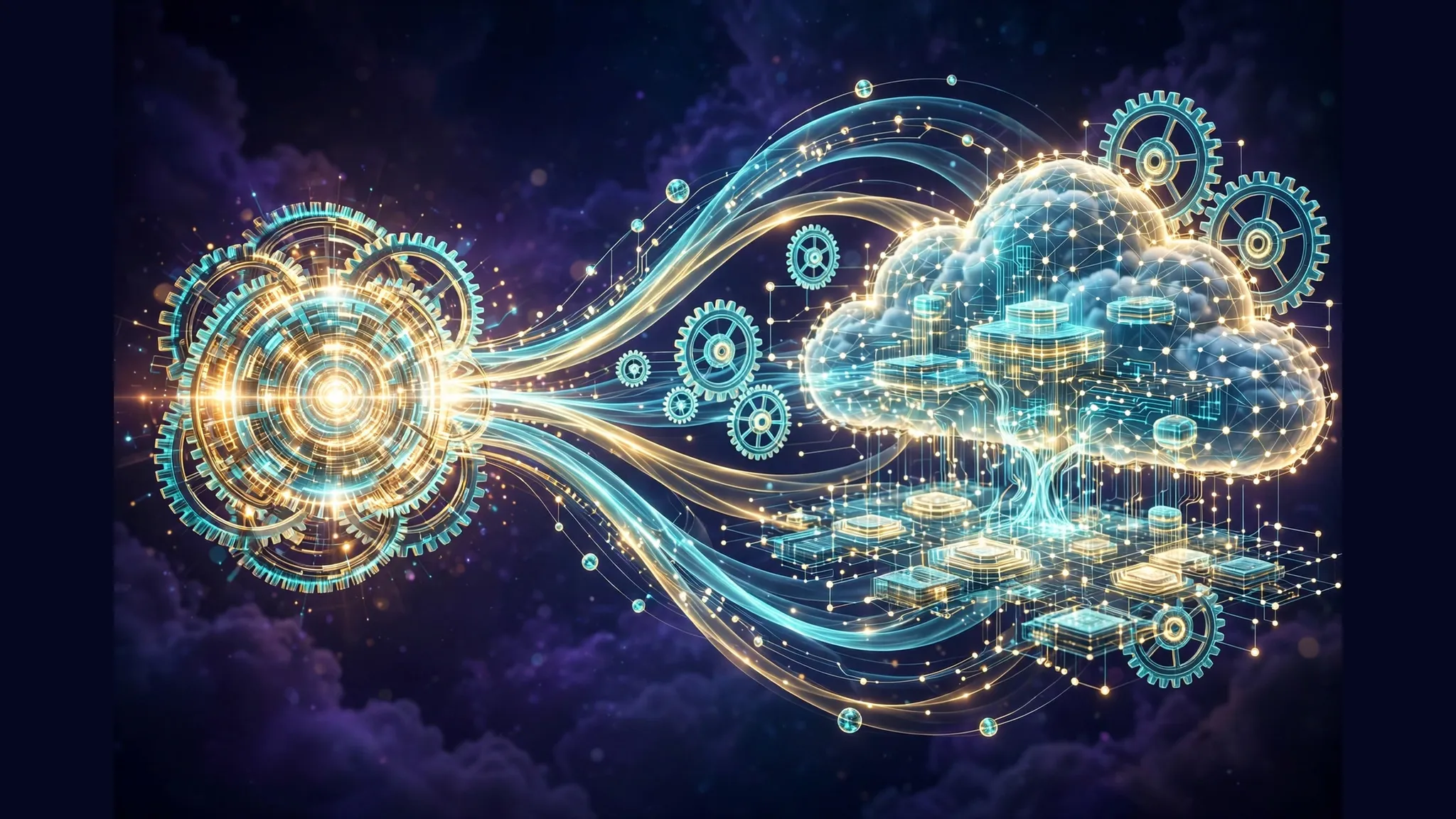 An agentic core of light gears flowing into a glowing cloud platform