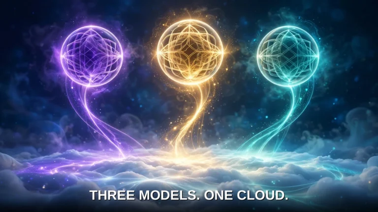 Three glowing AI model cores flowing into a luminous cloud platform