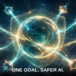A glowing shared sphere absorbing streams of light from satellite nodes — the OpenAI NASK partnership joining separate efforts into one shared safeguard.