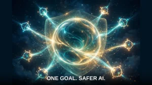 A glowing shared sphere absorbing streams of light from satellite nodes — the OpenAI NASK partnership joining separate efforts into one shared safeguard.