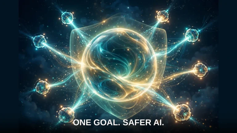 A glowing shared sphere absorbing streams of light from satellite nodes — the OpenAI NASK partnership joining separate efforts into one shared safeguard.